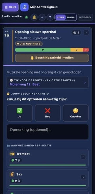 Een aanvraag in de app met de knoppen Ja, Nee en Onzeker, een opmerkingveld en de aanwezigheid per sectie.
