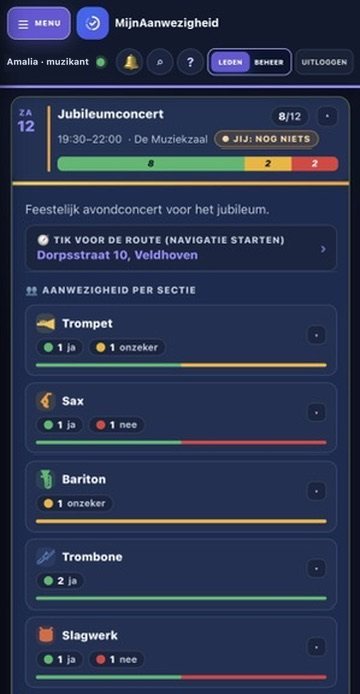 Een optreden in de app op een telefoon: het jubileumconcert met de tijd, de locatie, de route en per instrumentsectie wie aanwezig, afwezig of onzeker is.