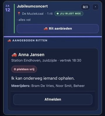 De carpoolpagina in de app met een aangeboden rit, het vertrekpunt, de vertrektijd en de meerijders.